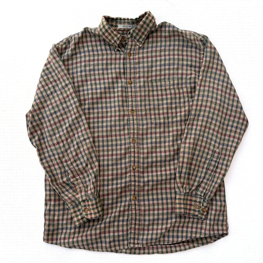 Orvis Mens Green Tan Plaid Cotton Button Down Shirt Sporting Traditions Medium